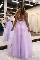 Lilac Tulle A-line V-neck Prom Dresses With Side Slit, Long Formal Dresses